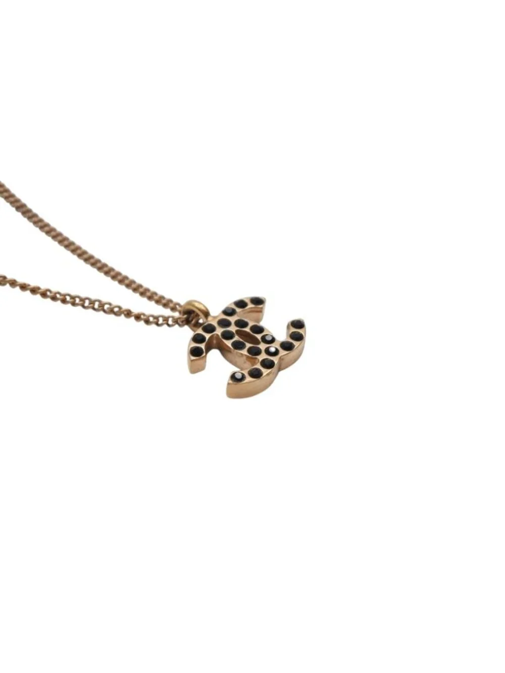 Chanel CC Logo Black Rhinestone Necklace Metal Gold